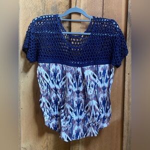 Ella Moss Crochet Knit Boho Top Blue‎ Patterned Ikat Short Sleeve Size Medium